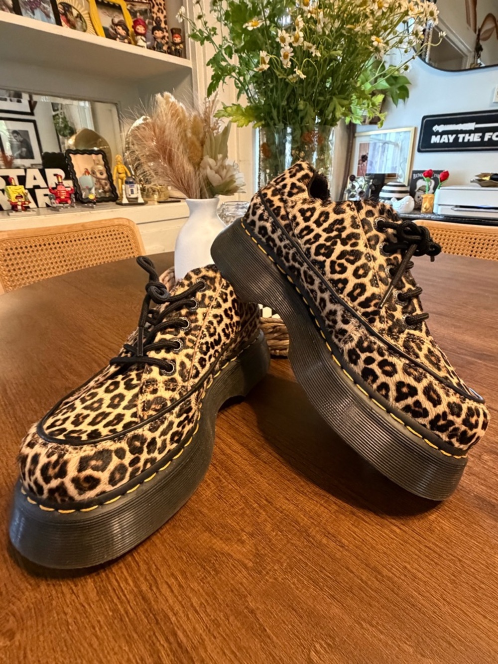 Dr. Martens fuzzy Leopard Print Platform Derby Shoes in Tan/Black
